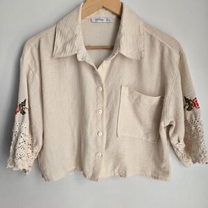 Light Beige Button-Down Cropped Shirt with Floral Accents